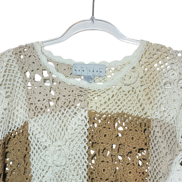 STYLE New York Crochet Tunic Sweater Tan Beige Casual Boho Beach Coverup S - Picture 3 of 16